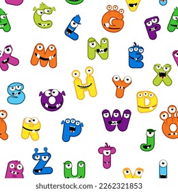 Seamless pattern with MONSTER alphabet font. Bright pattern for Children