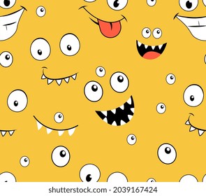 Seamless pattern with monster faces. Poster with different emotions for printing on paper or fabric. Design element for packaging. Cartoon flat vector illustration isolated on yellow background