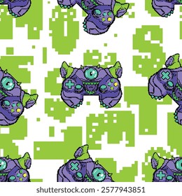 Seamless pattern Monster gamepad cartoon character with pixel text. Game pad print monster with horns and one eye. Game pad t shirt design on lettering background. 8 bit monster character