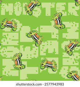 Seamless pattern with Monster gamepad cartoon character on pixel text background. Digital ornament for sport textile, boy clothes, wrapping paper. Game pad print monster 8 bit  style