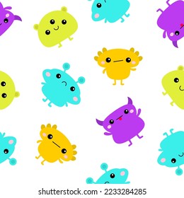 Seamless pattern. Monster icon set. Happy Halloween. Cute cartoon kawaii funny baby character. Colorful silhouette. Sticker print. Eyes, horn, fang teeth tongue. Flat design. White background. Vector