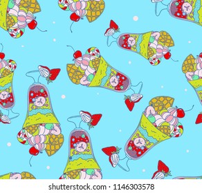 Seamless pattern with monster shake in cocktail glass with waffle and berry on blue background. Vector cartoon color illustration with giant milkshake