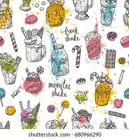 Seamless pattern with monster shakes. Chocolate, waffles, candy, cookies, macaron, marshmallow. Hand drawn vector illustration. Can be used for restaurant, cafe, bar, menu, wrapping paper.