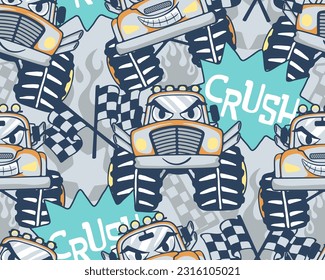 Seamless pattern of monster truck cartoon with car racing elements