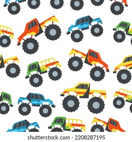 Seamless pattern with monster truck. Creative texture for fabric, wrapping, textiles, wallpaper, and apparel. Vector illustration