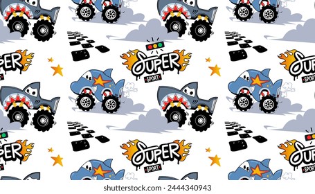 Seamless pattern, Monster truck race with shark and dolphin crossing the finish line isolated on white background illustration vector.