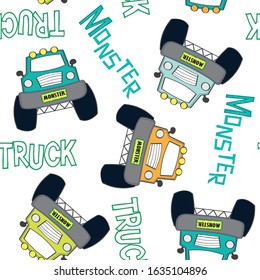 seamless pattern with monster truck vector illustration, vector textile fabric print, wrapping paper