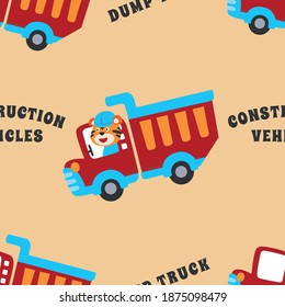 camiones monstruo sin costura con conductor animal, fondo infantil vectorial creativo para tela, textil, papel tapiz de vivero, tarjeta, afiche y otra decoración.