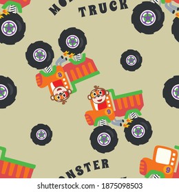 seamless pattern monster trucks with animal driver, Creative vector childish background for fabric, textile, nursery wallpaper, card, poster and other decoration.