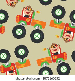 seamless pattern monster trucks with animal driver, Creative vector childish background for fabric, textile, nursery wallpaper, card, poster and other decoration.