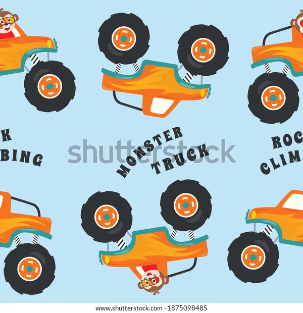 seamless pattern monster trucks with\
animal driver, Creative vector childish background for fabric,\
textile, nursery wallpaper, card, poster and other\
decoration.