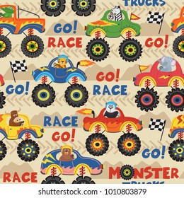 seamless pattern monster trucks with animals on races - vector illustration, eps
