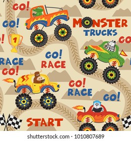 seamless pattern monster trucks with animals on race track  - vector illustration, eps