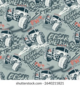 Seamless pattern with monster trucks, tire marks, checkered flags, graffiti-style slogans Break the Rules, extreme. Grunge urban design for boys, street fashion, wrapping paper, textile.