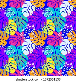 seamless pattern monstera block neon color background geometric ornament. nature pattern