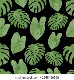 Seamless pattern with monstera caladium leaves, watercolor black background. Repeat pattern with tropical leaf. Green jungle rain forest. Great for fabric, textile, surface, print, wallpaper, backdrop