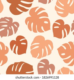 Seamless pattern with monstera. Composition with leaves. Contemporary vector illustration in pastel colors. Flat abstract design. Modern texture for textile, print, packaging.