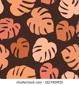 Seamless pattern with monstera. Composition with leaves. Hand drawn vector illustration in pastel colors. Flat abstract design. Modern texture for textile, print, packaging.