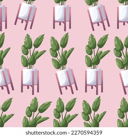 Seamless pattern with monstera decorative houseplant in pot. Indoor potted house plant in flowerpot. Home garden, greenhouse, gardening lover. Domestic store wallpaper, scrapbooking, textile