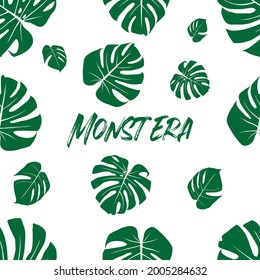 seamless pattern monstera deliciosa leaf with text, natural background, exotic design for fabric, paper and interior design