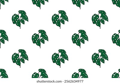 seamless pattern with monstera green on white background