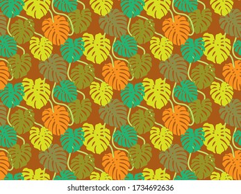 Seamless pattern of Monstera green and orange leaves on brown background. Flat vector graphics.