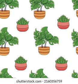 Seamless pattern with monstera houseplants and succulents in pots on the white background
