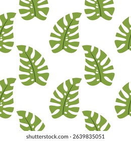 Seamless pattern with monstera leaf in cartoon flat style, arranged in polka dot order on light background. Trendy tropical design perfect for fabric, wallpaper, wrapping, decor and summer themes.