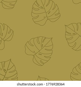 Ein nahtloses Muster mit Monsterablattkontur auf beigem Hintergrund. Tropische Blätter. 