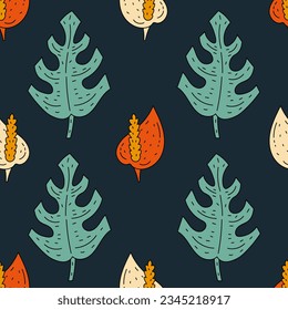 Seamless Pattern with monstera leaf and flowers. Anthurium and Spathiphyllum floral seamless background. Trendy retro outline botanical vector illustration