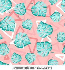 Seamless pattern with monstera leaf and memphis triangle background. Print summer texture. Fashion natural concept in flat style. Vector Illustration