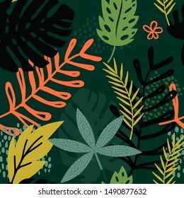 Seamless pattern with monstera leaf, palm leaves on green background