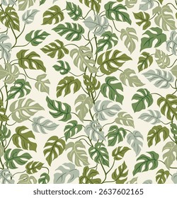 Seamless pattern with monstera leaves. Background with green vines.