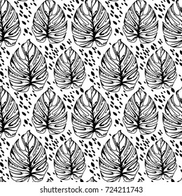 Seamless pattern with monstera leaves, black and white colors, vector illustration in hand drawn style