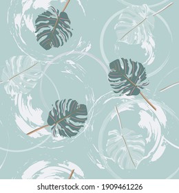 Seamless pattern with monstera leaves and brush strokest.  Floral background for printing on fabric, clothing, home textiles, wallpaper, gift wrapping.