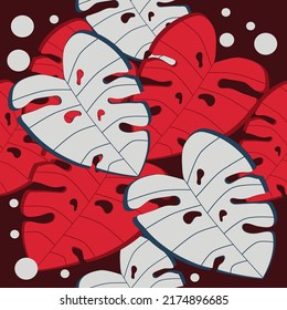 Seamless pattern of monstera leaves and circles on black background