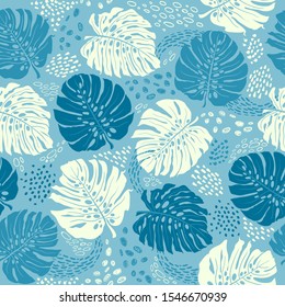 Seamless pattern with monstera leaves and color splashes, abstract bright colored blotches, stains, drops.  Trendy summer background for pattern, wallpaper, fabric, wrapping paper, t-shirt or clothes 