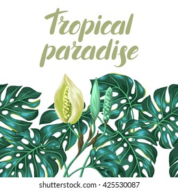 Seamless pattern with monstera leaves. Decorative image of tropical foliage and flower. Background made without clipping mask. Easy to use for backdrop, textile, wrapping paper.