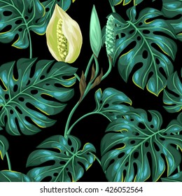 Seamless pattern with monstera leaves. Decorative image of tropical foliage and flower. Background made without clipping mask. Easy to use for backdrop, textile, wrapping paper.