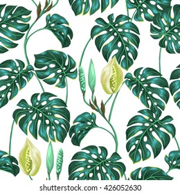 Seamless pattern with monstera leaves. Decorative image of tropical foliage and flower. Background made without clipping mask. Easy to use for backdrop, textile, wrapping paper.