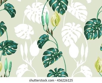 Seamless pattern with monstera leaves. Decorative image of tropical foliage and flower. Background made without clipping mask. Easy to use for backdrop, textile, wrapping paper.