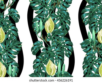Seamless pattern with monstera leaves. Decorative image of tropical foliage and flower. Background made without clipping mask. Easy to use for backdrop, textile, wrapping paper.