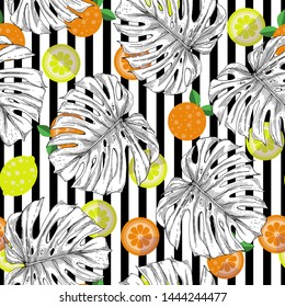 Seamless pattern of monstera leaves drawn in the form of a sketch. White leaves of Monstera on a background of abstract lemons and oranges. All elements on a striped background.