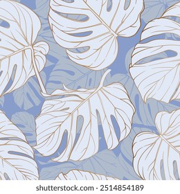 Patrón sin fisuras con hojas de monstera con contornos dorados sobre un delicado fondo azul. patrón elegante y elegante con Grandes hojas blancas, contornos dorados de monstera sobre un fondo azul.