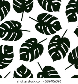 Seamless pattern of Monstera leaves. Hand drawn vector illustration. Wrapping paper. Tropical background.