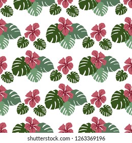 Seamless pattern with monstera leaves and hibiscus flowers. Tropical background. Design for banner, poster, textile, print.
