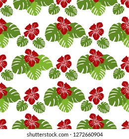 Seamless pattern with monstera leaves and hibiscus flowers. Tropical background. Design for banner, poster, textile, print.