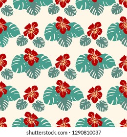 Seamless pattern with monstera leaves and hibiscus flowers. Tropical background. Design for banner, poster, textile, print.