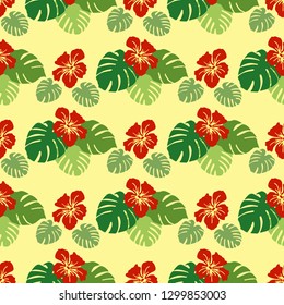 Seamless pattern with monstera leaves and hibiscus flowers. Tropical background. Design for banner, poster, textile, print.