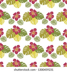 Seamless pattern with monstera leaves and hibiscus flowers. Tropical background. Design for banner, poster, textile, print.